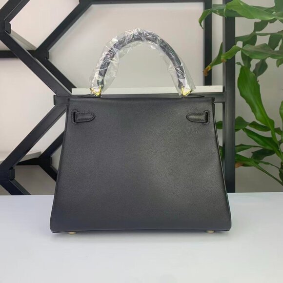 Handmade Genuine Leather Kelly 25 Black Top Handle Bag - Picture 4 of 12